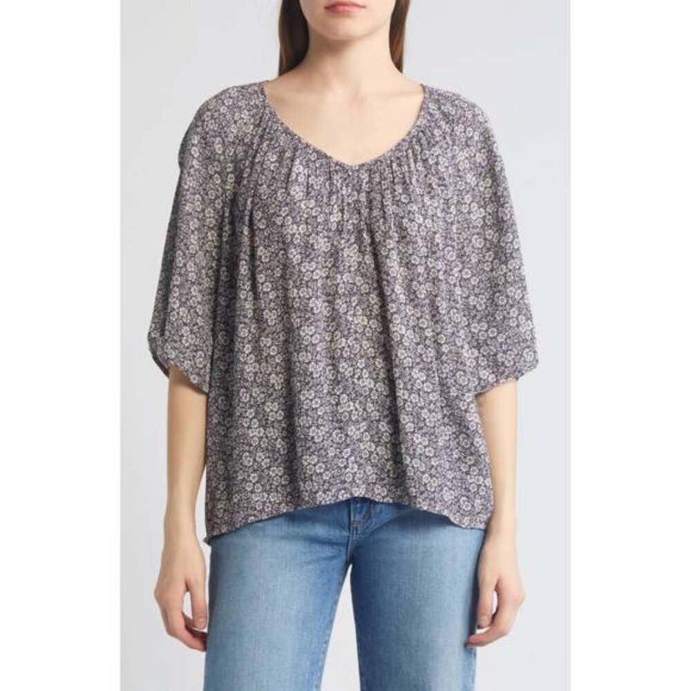 Faherty Amira Top Navy Ditsy Floral Relaxed Fit V-Neck Short Sleeve Top S NWT